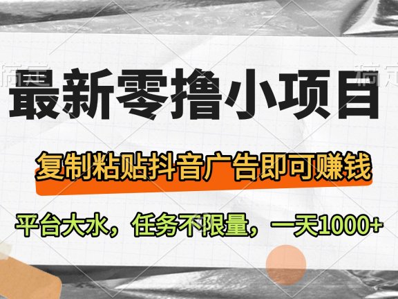 最新零撸小项目，复制粘贴抖音广告即可赚钱，平台大水，任务不限量，一天1000+